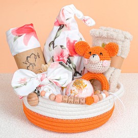 Newborn Baby Girl & New Mom Gift Basket,8pcs Baby Shower Set with Swaddle, Hat, Headband, Socks for Mom, Bath Bomb for Mom, Rattle, Pacifier Clip & Rope Basket
