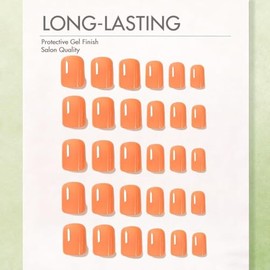 SXVME Uñas postizas cortas cuadradas de gel suave, 30 piezas, 15 tamaños, color naranja, uñas postizas cortas, reutilizables, gruesas, con pegamento, 