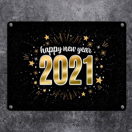 trendaffe - Happy New Year 2021 Metal Sign with Stars Design New Year's Eve Boller Rocket Year