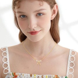 YFN 925 Sterling Silver Opal Bow Necklace, Gold Plated Chain, Dainty Pendant