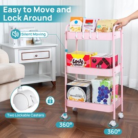 Vtopmart 3 Tier Metal Rolling Cart with Wheels, Utility Storage Cart with Handle and Lockable Casters, Storage Basket Organizer Shelves, Easy Assemble for Kitchen, Living Room, Office, Nursery, Pink