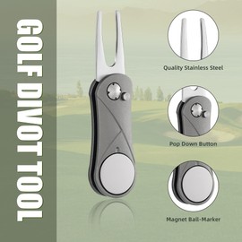Mile High Life Golf Divot Repair Tool w Magnetic Golf Ball Marker, All Metal Foldable Divot Tool w Pop-up Button, Golf Accessories for Men