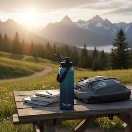 Trek Leaf Travel Water Bottle with Carrying Bag, 3 Lids (Spout, Straw, Handle), and Bottle Brush; Leak Proof, Quality, Vacuum Insulated, Stainless Steel (Deep Water, 40 oz)