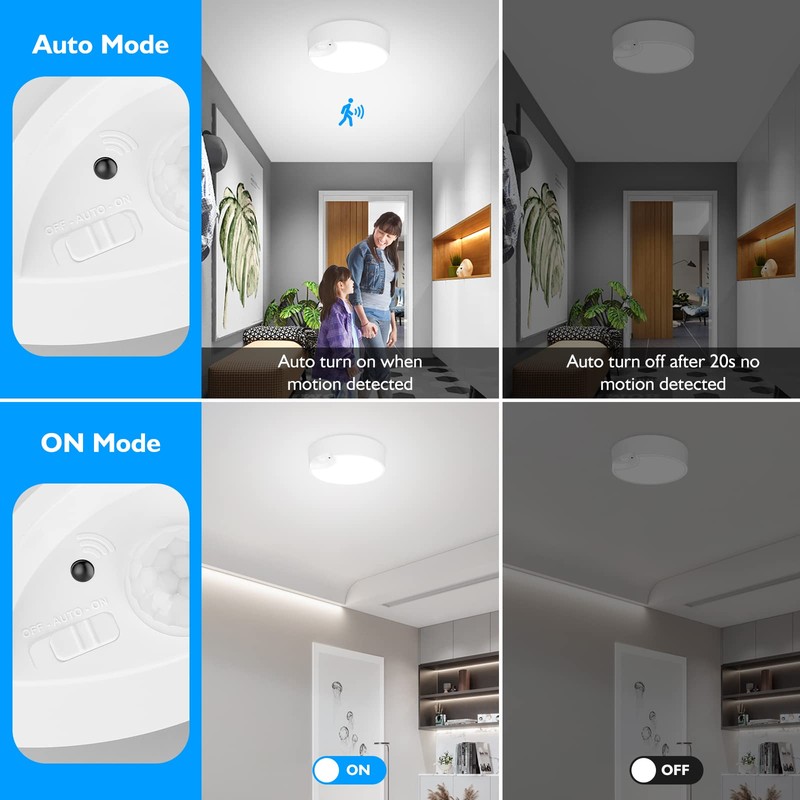 2-Pack Motion Sensor LED Ceiling Lights Battery Operated, 7.48inch 6500K
