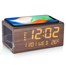Alarm Clock, Bluetooth Speaker, Table Clock, Wireless Charging Function, Multi-functional Clock, Qi Wireless Charger, Thermometer, Alarm Clock, Temperature/Calendar/Day Display/3 Pairs of Alarms, Desk