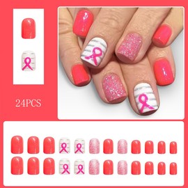 Cute Pink Press on Nails Set Short Square Fake Nails Glitter Full Cover Gloss Stick on Nail Press on Pink Ribbon False Nails with Designs Reusable Acrylic Manicure Kit for Women Girls 24Pcs