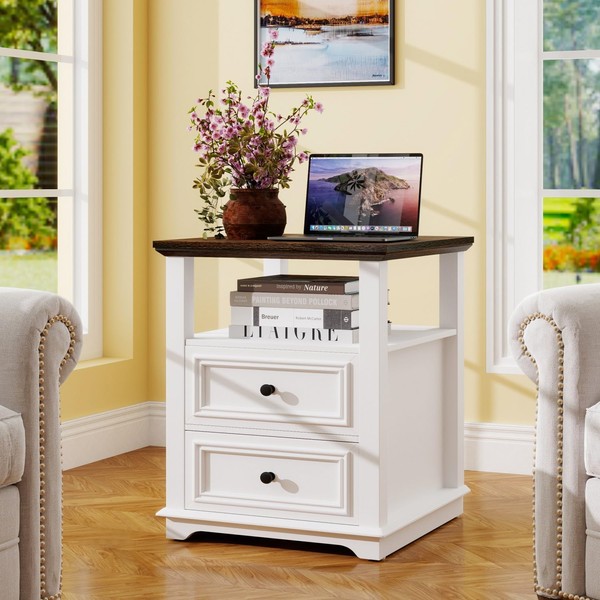Vipbear Farmhouse Nightstand with Charging Station 18" White Night Stand