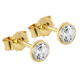 NKlaus Pair of 4.5 mm Goblet Stud Earrings Yellow Gold 375 Gold Earrings 9 Carat Crystal Zirconia White 2606, Yellow Gold, Cubic Zirconia