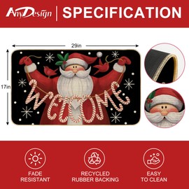 AnyDesign Christmas Doormat Decorative Santa Claus Welcome Mat Xmas Holiday Red Black Non-Slip Entrance Door Rug for Indoor Outdoor Bathroom, 17 x 29 Inch
