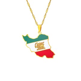 Iran Map Pendant Necklace-Gold-Toned Stainless Steel Chain with Flag Colors (Green, White, Red) & Lion Emblem - Patriotic&Peace Jewelry Gift for Men & Women,18/24 inches chains (Gold)