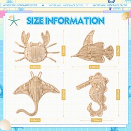 Wesiti 4 Pcs Wicker Sea Wall Decor Fish Stingray Crab Seahorse Hanging Decors Handmade Wicker Beach Ocean Theme Ornaments Coastal Nautical Sculpture for Boho Bathroom Indoor Outdoor Wall Art