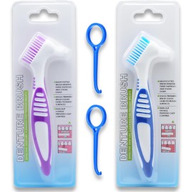 2Pcs Denture Cleaning Care Cleaning Brush Retainer Brush Double Bristle Head Denture Brush False Teeth Brush for Cleaning Retainers Rubber Grips Easy Hold Handle(Purple Blue)