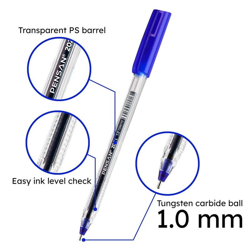 PENSAN Blue Ballpoint Pens,1.0 mm Medium Point, Blue Pens, Ergonomic