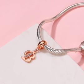 ABUN Rose Gold Letter Charms 925 Sterling Silver Initial A-Z Alphabet Beads Charm with CZ fit European Bracelet Gifts for Christmas Mothers Days (B)