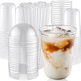Qsqwsuye 50 Set 16oz Disposable Clear Plastic Cup with Lids and Straws, Sturdy & Food Safe Iced Coffee Cups, Plastic Cold Drinks Cups for Smoothie, Milk Tea, Assorted Beverages Party Supplies