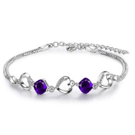 IzuBizu London Women's 925 Sterling Silver Purple Amethyst Gemstone Love Heart Square Diamond Bracelet Anniversary Christmas Bangle