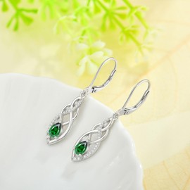 CARICY Infinity Dangle Earrings for Women 925 Sterling Silver Celtic Knot Twisting Leverback Drop Earrings May Emerald Jewelry Birthday