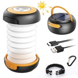 GlobaLink LED Camping Lamp, Foldable Solar Camping Lantern, Energy Bank with 2 Charging Methods (Solar/USB) and 3 Light Modes for Camping, Fishing, Emergency, Includes Survival Bracelet with Whistle (Yellow)