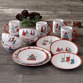 American Atelier Holiday Christmas Round Dinnerware Set – 16-Piece Stoneware Party Collection w/ 4 Dinner Salad Plates, 4 Bowls & 4 Mugs – Unique Gift Idea, 10.5", White/Red