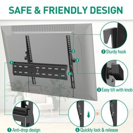 ELIVED UL Listed Tilting TV Wall Mount Bracket, Universal TV Mount Low Profile for 26-55 Inch Flat Screen TVs, Easy to Install with Tilting Knob, Fits 12"/16" Studs, Max VESA 400x400mm, 99 lbs.