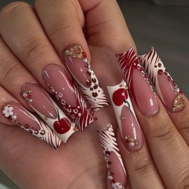Long Square Press on Nails Xl Fake Nails Red White French Tip Glue on Nails with Cherry and Gold Heart Charm Y2k False Nails Glossy Full Cover Acrylic Nails for Women 24Pcs