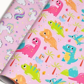 Djenpinex Pink dinosaur wrapping paper unicorn wrapping paper Happy Birthday Wrapping Paper for Girls Birthday and Holiday Gift Wrap Baby Shower 2 styles 6 Sheets 30x20 inches per sheet