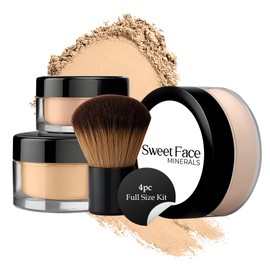 4pc Full Size Kit (Warm Shade) Mineral Makeup Matte Translucent Loose Foundation + Kabuki Brush + Concealer + Finishing Setting Powder + Bare Face Full Coverage SPF 30 All Skin Types Waterproof