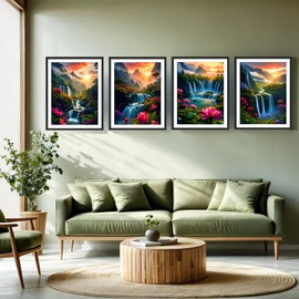 PINFFSHU 4-Pack Diamond Painting Kits for Adults Beginners: 5D Breathtaking Waterfall, Mountain Landscape with Floral Accents - DIY Full Drill Diamond Art Kits, Sparkling Home Wall Decor 12x16 Inches