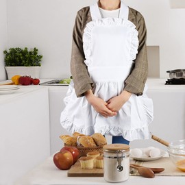 Fybida Women's Vintage Apron White Retro Maid Apron with Ruffle Hem, Baking Apron, Kitchen Apron for Cooking, Baking, Household, White