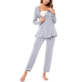 Litherday Women's Maternity Nursing Pyjamas Set Long-Sleeved Breastfeeding Sleepwear Soft Labor Nightwear PJ Loungewear Pregnancy for Hospital（Light Grey，M）