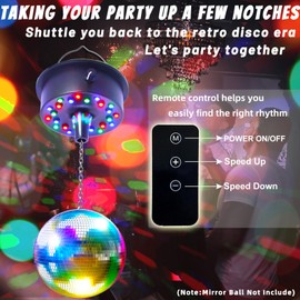 Remote Control 5 RPM-9 RPM Adjustable Mirror Ball Rotating Motor with 24 RGB Led Light for 4 6 8 12" Disco Balls (Not Include) for Party Decoration DJs Bands Pubs (USB/Battery Powered)