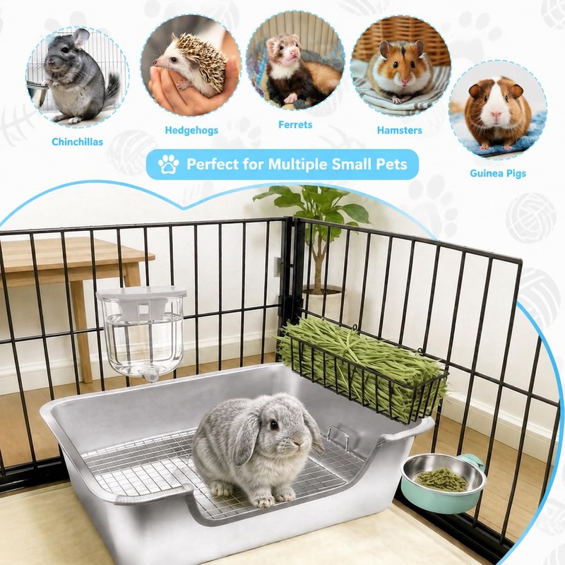 Volope Stainless Steel Rabbit Litter Box with Hay Feeder Set