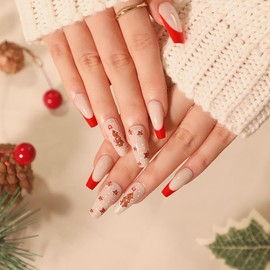 Christmas Artificial Fake Nails, Press on Nails Square Long Length, 24Pcs Glossy Full Cover Acrylic Coffin False Nails with Xmas Tree Designs, Stick on Fingernails for Winter(JP1888)