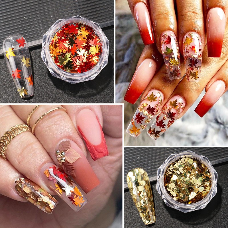 Autumn Nail Flake & Powder Set, 6Boxes Fall Themed Sequin