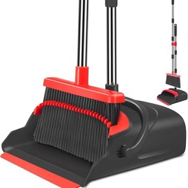 Broom and Dustpan Set for Home, Office, Indoor&Outdoor Sweeping, Stand Up Broom and Dustpan - Color: Black&red
