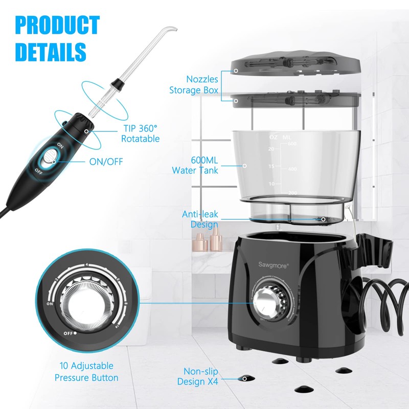 Sawgmore FC166 Water Flosser for Teeth/Braces, 600 ml Large Capacity,