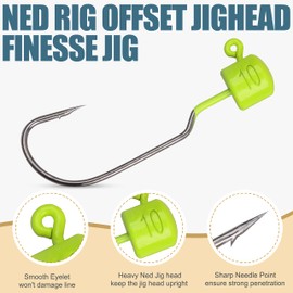 Ned Rig Jig Heads Kit - 20pcs Mushroom Head Jig Hooks Finesse Shroom Jigs Offset Weedless Jig Heads Hooks Wide Gap Ned Rig Hooks for Soft Bait Lures Bass Fishing 1/4oz 3/8oz