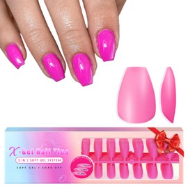 KQueenest Vibrant Pre Colored Gel Nail Tips Short Cute, Acrylic Press on Nails Short Coffin, Matte Fake Nails Pink, Artificial False Nails Kit, Gel x Nails Extensions For Nail Art, Neon Hot Pink