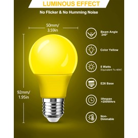 2 Pack A15 LED Yellow Bug Light Bulbs for Outdoor, 40Watt Equivalent E26 Base, 5W Amber Yellow Lighting for Indoor&Outdoor, Party&Holiday Decoration, Christmas, Bedroom, Nightlight, Non-Dimmable