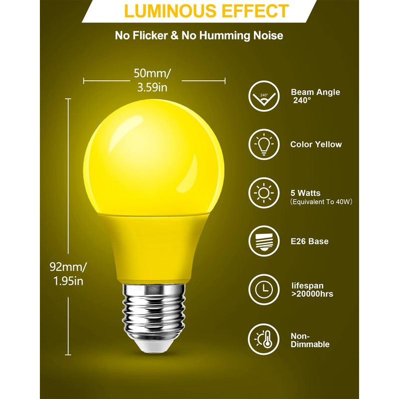2 Pack A15 LED Yellow Bug Light Bulbs for Outdoor,