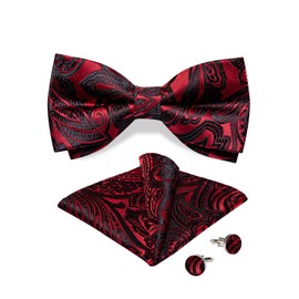 DiBanGu Silk Black and Red Paisley Pre-Tied Bowtie Adjustable Bowtie Festive Bow Tie with Pocket Square Cufflinks Formal for Wedding Tuxedo