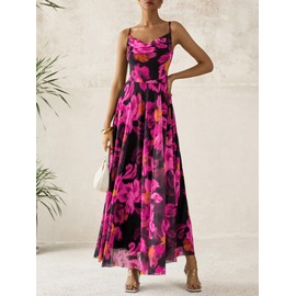 BTFBM Women Summer Floral Maxi Dresses Elegant Spaghetti Strap Dress Printed Party Dress Beach Long Dresses(Floral Black Rose Red,Large)