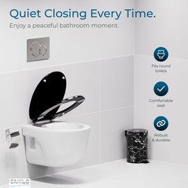 SANILO Wooden Toilet Seat with Soft Close [ROUND] - Decorative, Quiet & Slow Close Molded Wood Seat - With Strong Bumpers & Hinges - Adjustable Fit – Glittering Black