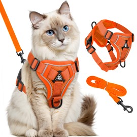 GlasFlength Cat Harness with Lead, Escape Proof, Cat Lead with Harness for Cats, Adjustable Cat Harness Set, Cat Harness, Soft Harness for Cats with Reflective Stripes (Orange-S)