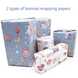 4 PCS Wrapping Paper Sheets, Recyclable Bunnies and Balloons Baby Blue Animal Gift Wrap Perfect for New Baby Boy or Girl Easter, Baby Shower Wrapping Paper (White)
