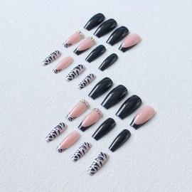 TBRZTR Leopard Press on Nails Medium Length Black French False Rhinestones Design Full Cover Coffin Ballet Shaped Stick on Acrylic Artificial DIY Glue on for Women 24Pcs