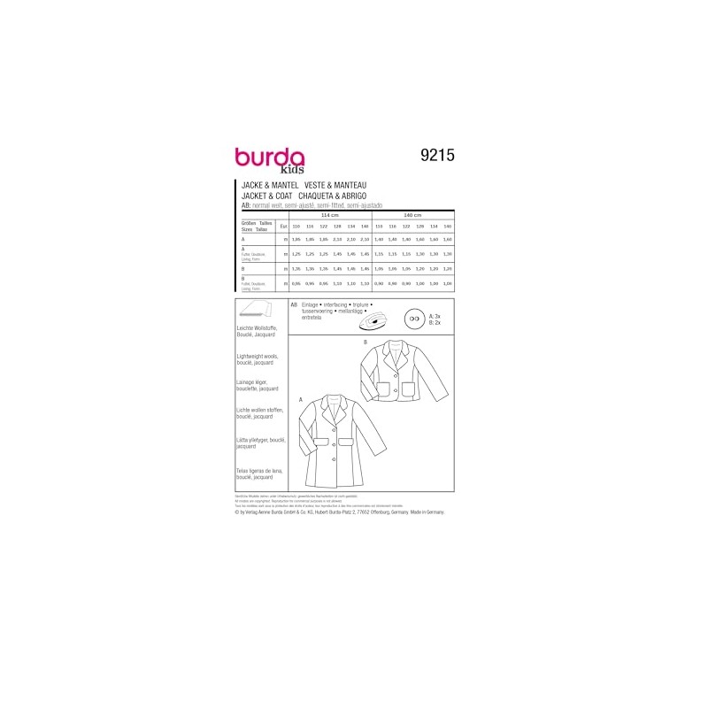 Burda Kids Girls' Sewing Pattern Jacket & Coat with Blazer