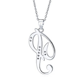 ABC Cubic Zirconia Pave CZ Cursive Script Letter Alphabet Initial P Pendant Necklace For Women Sterling Silver