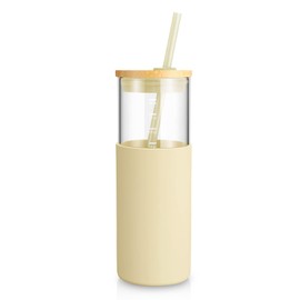 Tronco 24 oz Glass Tumbler with Straw and Lid - Glass Cup with Lid and Straw, Smoothie Cup, Iced Coffee Cup - Bamboo Lid and Protective Silicone Sleeve - BPA-Free