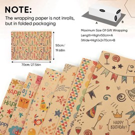Wrapping Paper, 6 Sheets Brown and Colourful Mixed Pattern Kraft Paper Gift Wrap Set for Men, Women, Girls, Boys for Birthday, Party